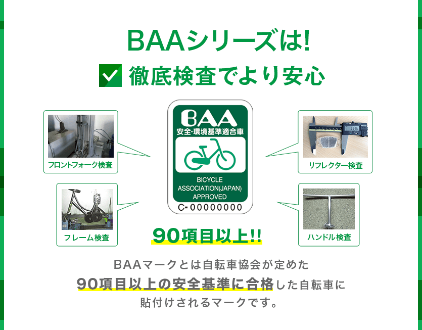 BAAシリーズは徹底検査でより安心。BAAマークとは自転車協会が定めた90項目以上の安全基準に合格した自転車に貼付けされるマークです。