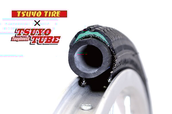 99%パンクしない、極厚チューブと極厚タイヤの「TSUYOTIRE」。長くお乗りいただくからこそ、こだわりの耐パンクタイヤをセレクト。