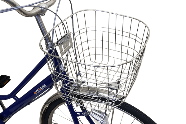 さびにくいステンレス製のフロントバスケット。サイズ、横(底面):32cm×縦(底面):25cm×高さ:23cm。