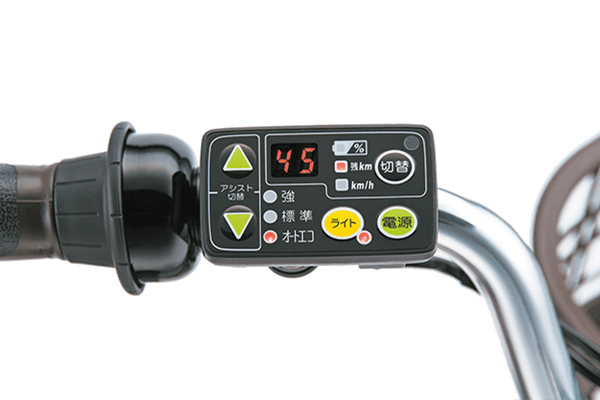 残りアシスト走行可能距離や、バッテリー残量、スピードを表示。バックライト付きなので夜も見やすい。