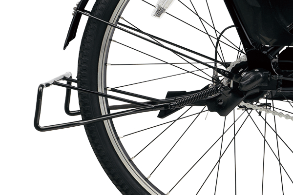 テコの原理を応用したスタンドで軽い力で立てられ、幅が広く倒れにくい設計です。