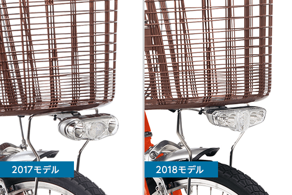 2018モデルは前方だけでなく、足元も照射できます。常時点灯機能付きのため昼間でも被視認性が高く安心です。