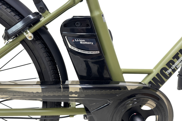 36V×7Ahバッテリー。ボタンを押せばバッテリー残量が確認できます。