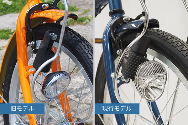 バッテリー切れの心配がないダイナモ式を採用。現行モデルはLEDライトにアップグレード。