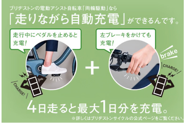 ペダルを止める、または、左ブレーキをかけるとモーターが発動して自動で充電される仕組み。こまめな充電でバッテリーの寿命も長持ち！