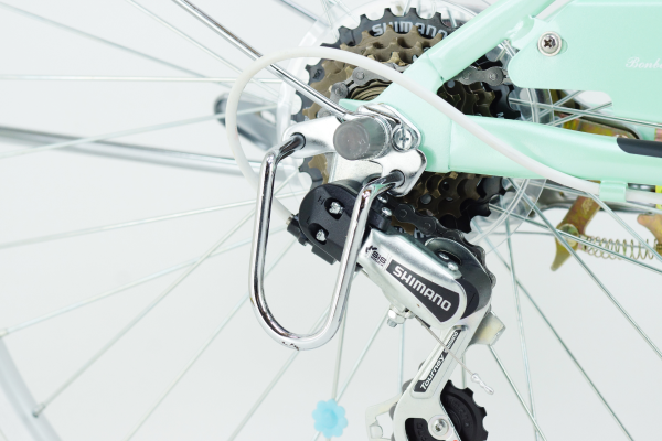 風で自転車が倒れてしまった場合などに変速機を守るディレーラーガード付き