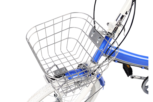 折りたたみには珍しい、フロントカゴを標準装備。サイズは、横(底面):24cm×縦(底面):18cm×高さ:18cmです。
