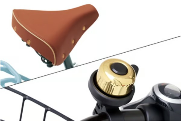 乗り心地にもこだわった大型テリーサドルや、ベルにはゴールドパーツを採用。