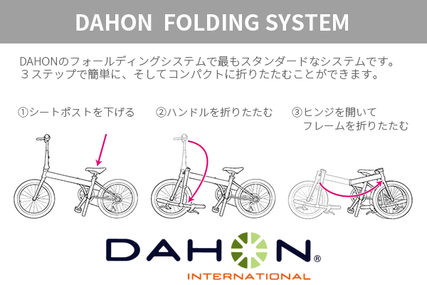 折りたたみ方は、DAHONで最もスタンダードな方式。わかりやすく簡単です。