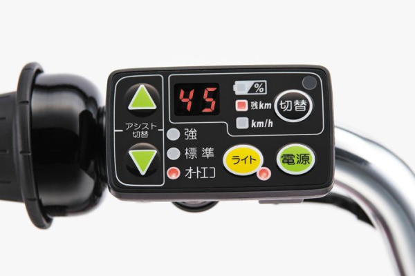 残りアシスト距離、バッテリー残量、スピードメーターを表示・確認できる多機能スイッチ。