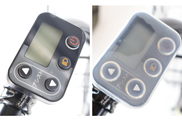 ボタンは大きく操作しやすくなった液晶モデル。バッテリー残量とスピードが見やすくなりました。また液晶スイッチ傷や汚れを防止するスイッチカバーを標準搭載です。