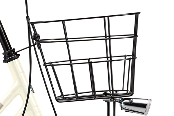 ちょっとした荷物を入れるのに十分な大きさのカゴを標準装備。サイズ(底面)は縦:191mm×横:280mm×高さ:204mm。