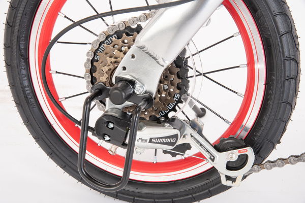 フォルクスワーゲン車の一部モデルに採用される印象的なレッドをほうふつさせる赤リム。また変速機を守るためのディレーラーガード付き。