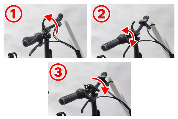 ①レバーを上げて緩める。②ハンドルの角度を正しい乗車姿勢になるように調整する。③レバーを倒し確実にロックする。