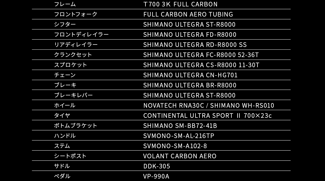 フルカーボンエアロロードVOLANT5.0のスペック