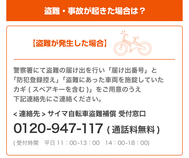 盗難・事故が起きた場合は?盗難が発生した場合は、警察署にて盗難の届け出を行い、「届け出番号」と「防犯登録控え」「盗難にあった車両を施錠していたカギ(スペアキーを含む)」をご用意のうえ、下記連絡先にご連絡ください。サイマ自転車盗難補償受付窓口 0120-947-059