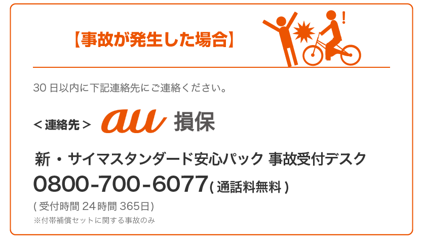事故が発生した場合、30日以内に下記連絡先にご連絡ください。au損保（au損害保険株式会社　新・サイマスタンダード安心パック事故受付デスク0800-700-6077）