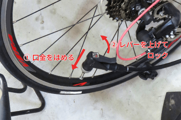 ポンプの口金をバルブに被せます。